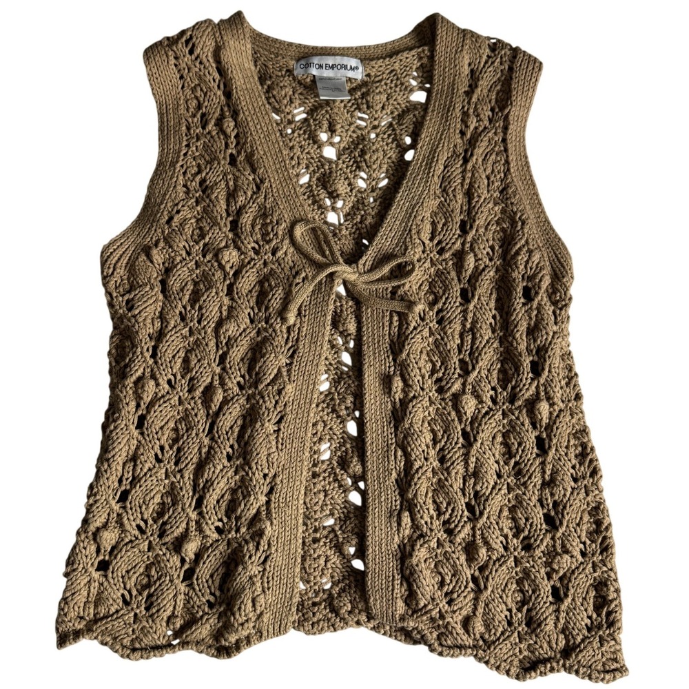 Cotton Emporium Tan Crochet Knit Tie Front Vest Boho Sleeveless Cardigan Medium